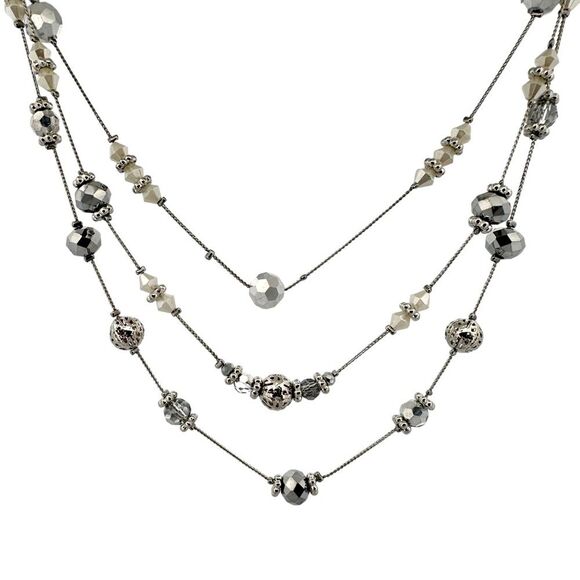 Triple Strand Silver Tone Layered Beaded Necklace - NWT - Picture 3 of 5